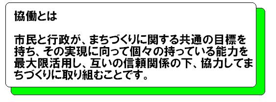 協働とは市民と行政が、まちづくりに関する共通の目標を持ち、その実現に向って個々の持っている能力を最大限活用し、互いの信頼関係の下、協力してまちづくりに取り組むことです。